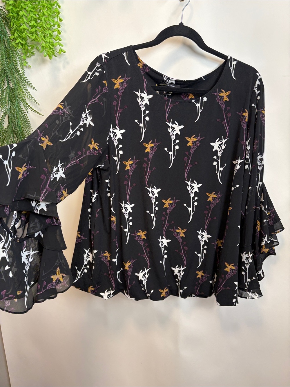 Alfani Black Floral Ruffle-Sleeve Blouse with Gold Accents